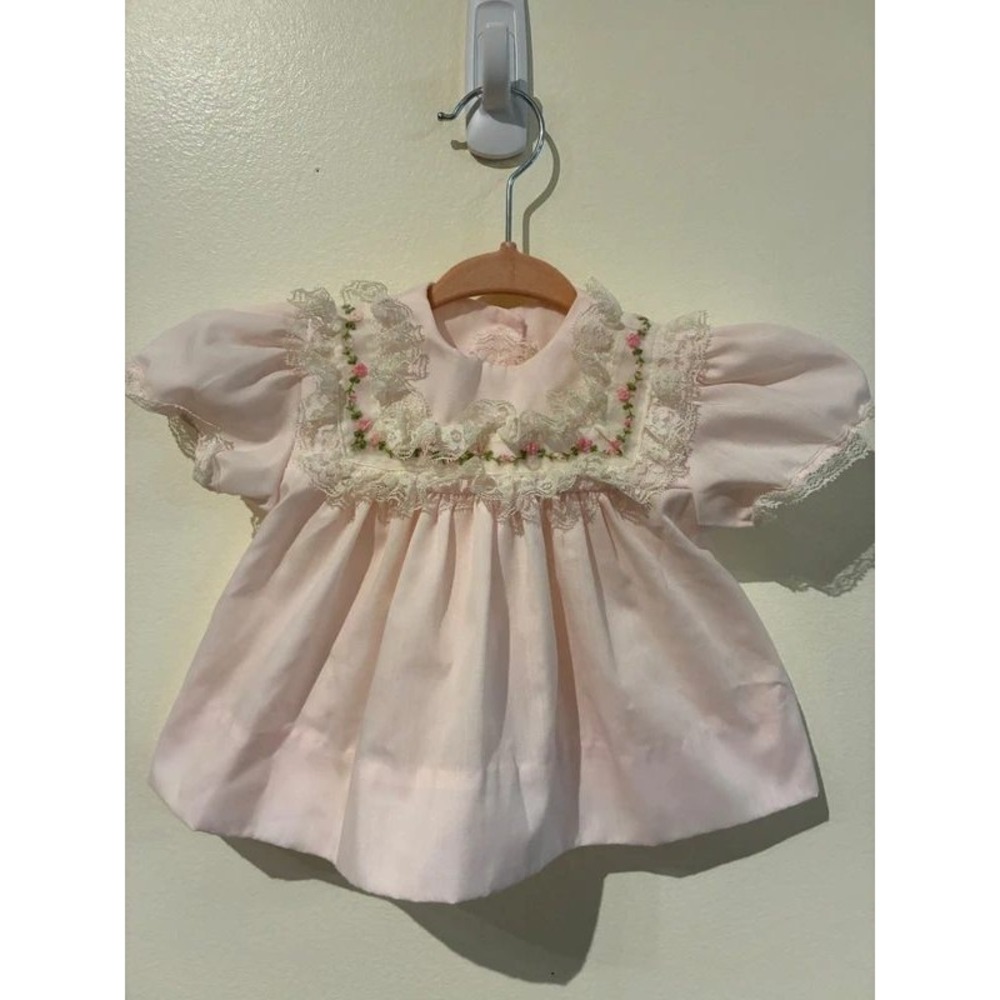 Vintage Alexis Baby Girl Pink Lace Floral Embroidered Dress 3 Months USA Made